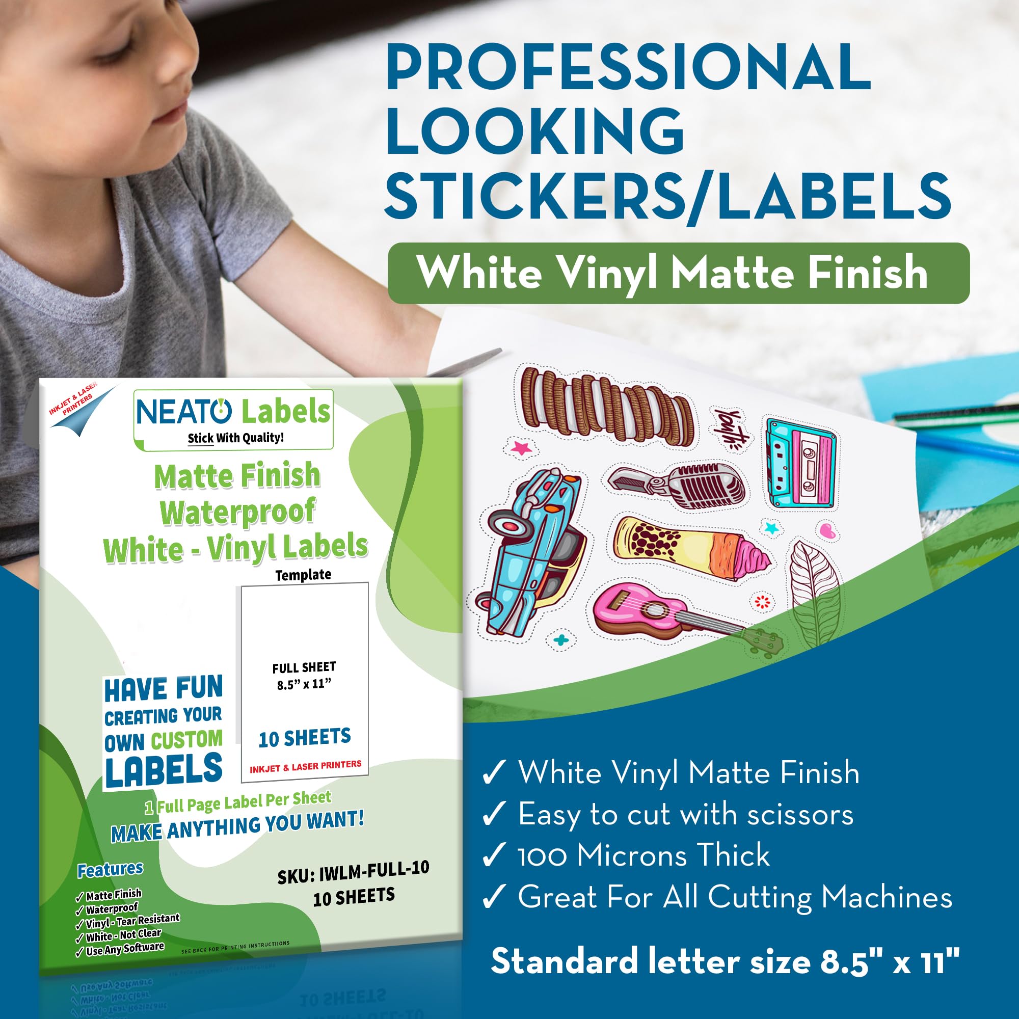 Custom Printable Matte Vinyl Stickers (8.5" x 11") - Waterproof, Tear Resistant Full Sheet Label for Inkjet & Laser Printers & All Cutting Machines - Customizable Blank White Stickers - Pack of 10