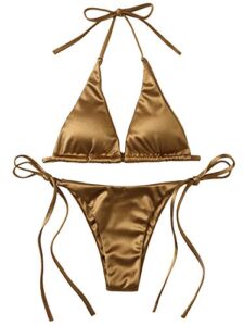 soly hux women's metallic halter top two piece swimsuit tie side triangle thong bikini bathing swimwear gold m