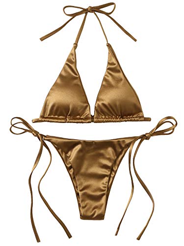 SOLY HUX Women's Metallic Halter Top Two Piece Swimsuit Tie Side Triangle Thong Bikini Bathing Swimwear Gold M