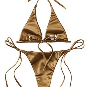 SOLY HUX Women's Metallic Halter Top Two Piece Swimsuit Tie Side Triangle Thong Bikini Bathing Swimwear Gold M