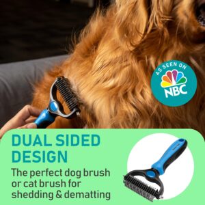 Maxpower Planet Pet Grooming Rake - Double Sided Shedding, Dematting Undercoat Rake for Dogs, Cats - Extra Wide Dog Grooming Brush, Dog Brush for Shedding, Cat Brush, Reduce Shedding by 95%, Blue