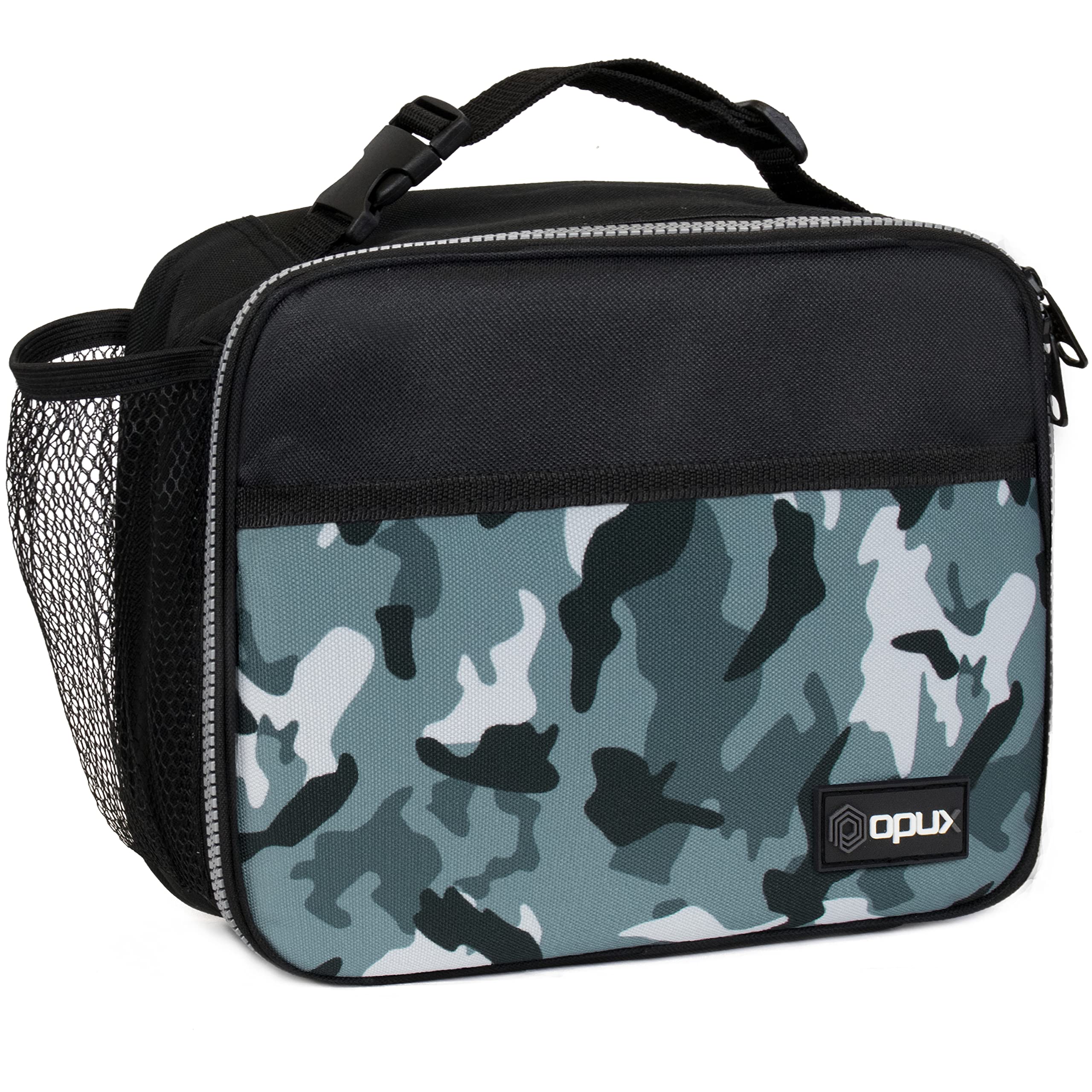 opux Insulated Lunch Bag Kids, Lunch Box for School Boy Girl, Leakproof Small Reusable Compact Soft Mini Cooler Bag, Toddler Small Lunch Boxes Kit Pail with Front Side Pockets (Camo Green)