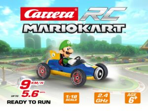 carrera rc official licensed mario kart mach 8 luigi 1: 18 scale 2.4 ghz remote radio control car with rechargeable lifepo4 battery - kids toys boys/girls, (model: 181067)