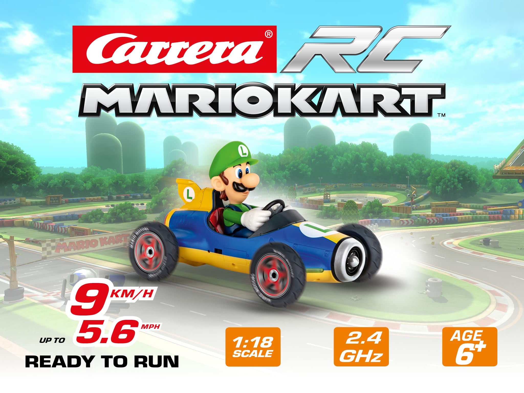 Carrera RC Official Licensed Mario Kart Mach 8 Luigi 1: 18 Scale 2.4 Ghz Remote Radio Control Car with Rechargeable Lifepo4 Battery - Kids Toys Boys/Girls, (Model: 181067)