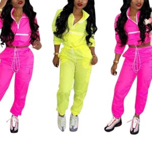 EOSIEDUR Women 2 Piece Outfits Tracksuit Jumpsuits Lightweight Windbreaker Pullover Jacket Crop Top Pants Set Large 8-10 Rose Pink