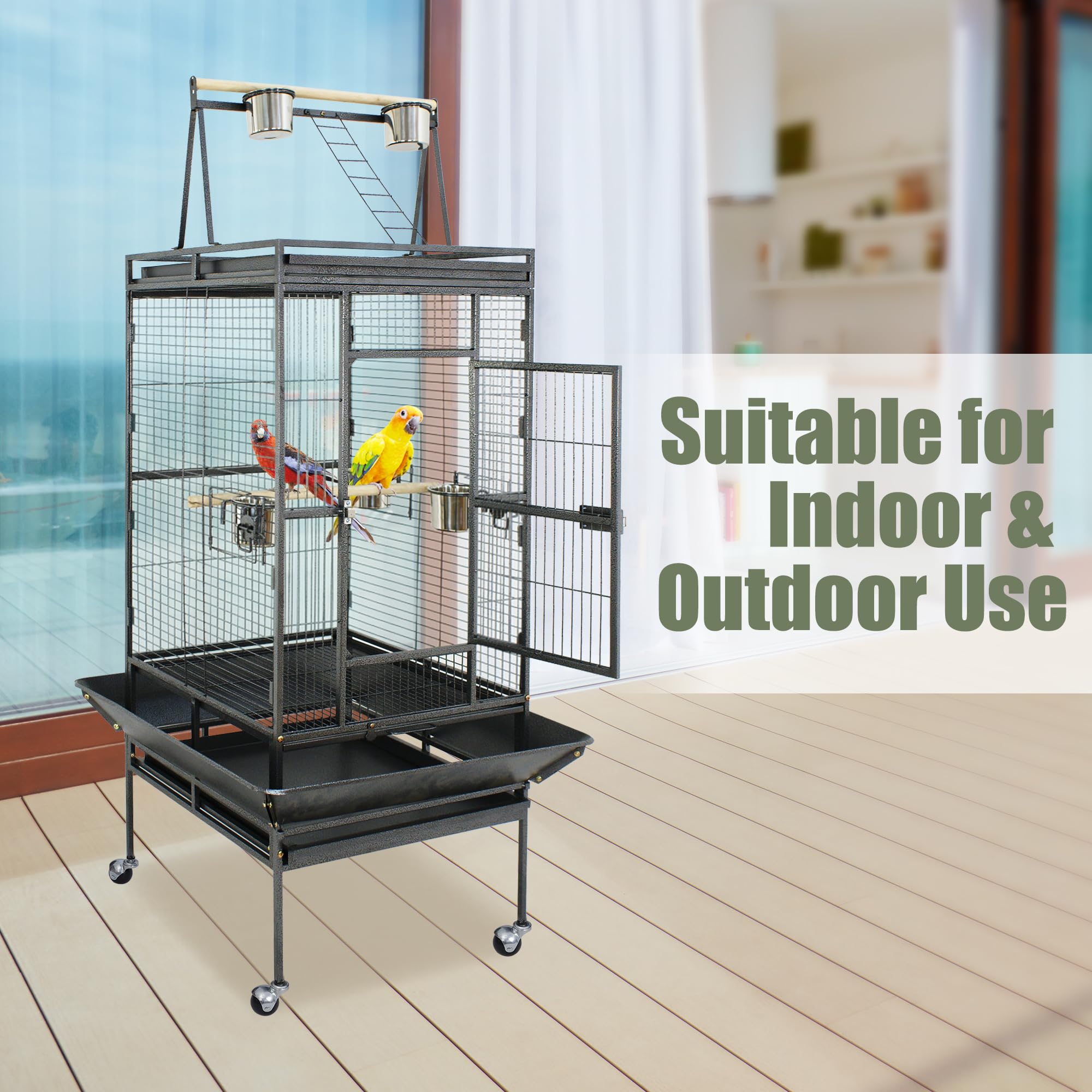 ZENY 68-Inch Birdcage, Playtop Parrot Cage, Wrought Iron Bird Cage with Rolling Stand, Heavy-Duty Pet Bird House for Parrot Cockatiel Cockatoo Parakeet Macaw Finches, Black