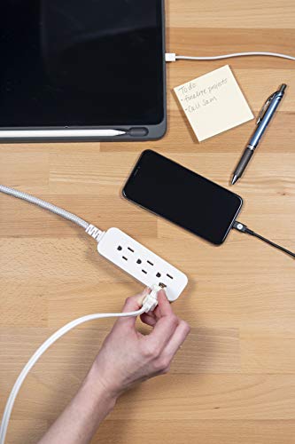 GE 3-Outlet Power Strip Extension Cord with Multiple Outlets 6 Inch Braided Short Cord Extension Cord Grounded Flat Plug Extension Cord UL Listed White 45190