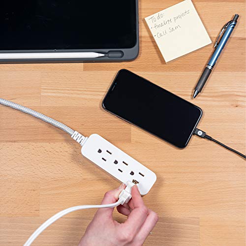 GE 3-Outlet Power Strip Extension Cord with Multiple Outlets 6 Inch Braided Short Cord Extension Cord Grounded Flat Plug Extension Cord UL Listed White 45190