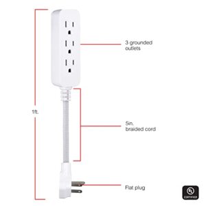 GE 3-Outlet Power Strip Extension Cord with Multiple Outlets 6 Inch Braided Short Cord Extension Cord Grounded Flat Plug Extension Cord UL Listed White 45190