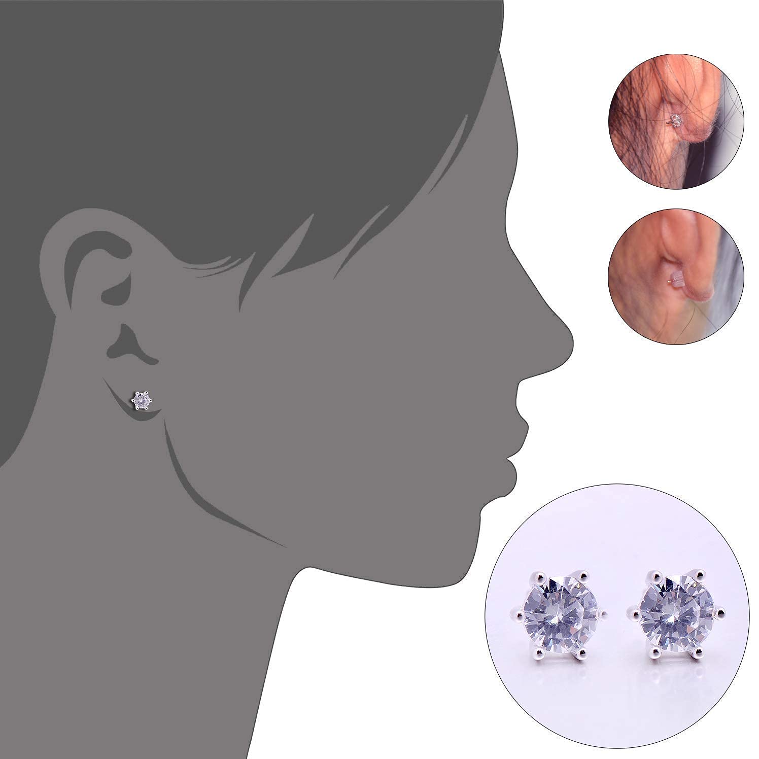 White Gold Plated Sterling Silver Cubic Zirconia Carat Diamond Studs Earrings, Friction Backs