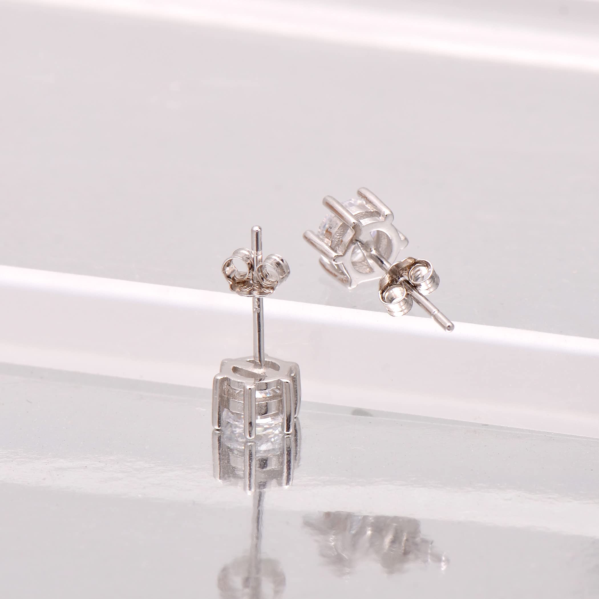 White Gold Plated Sterling Silver Cubic Zirconia Carat Diamond Studs Earrings, Friction Backs