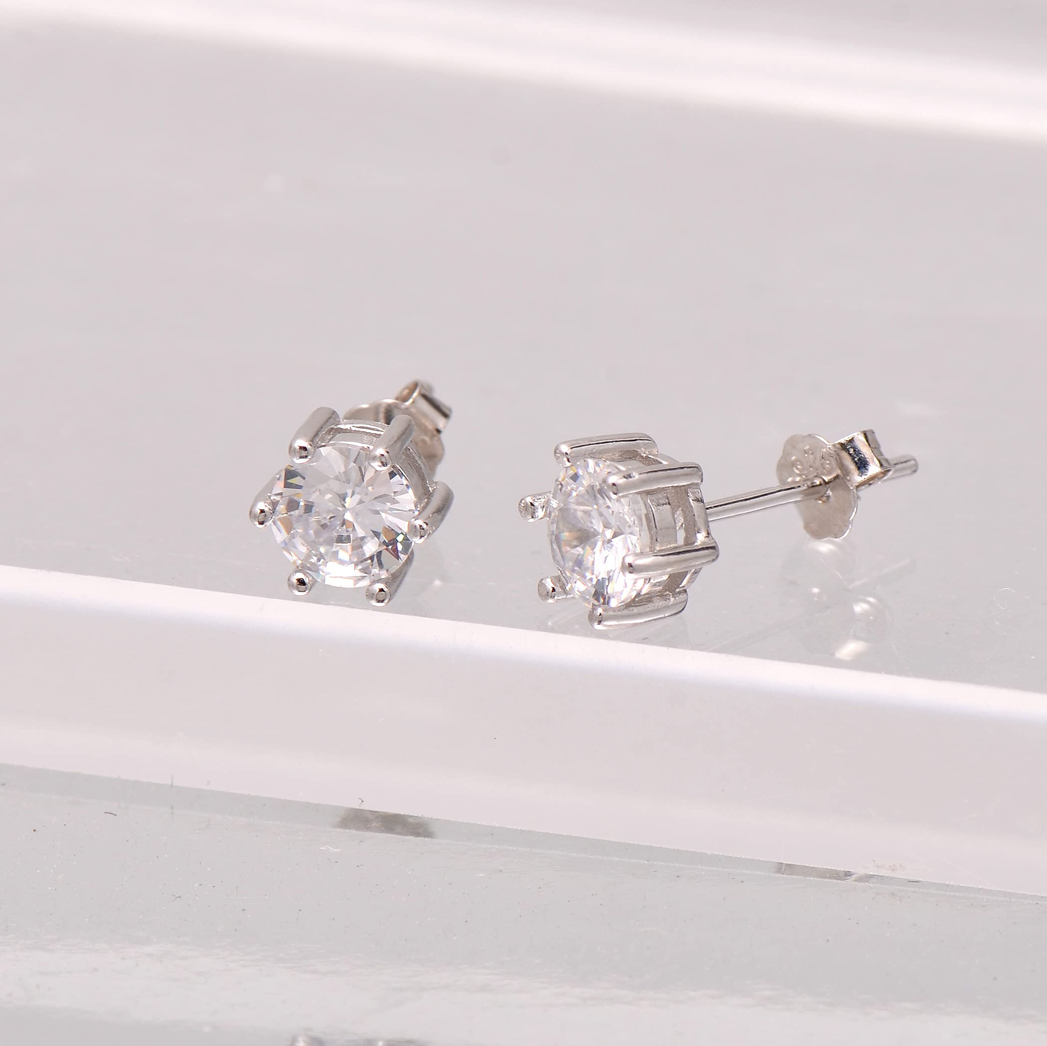 White Gold Plated Sterling Silver Cubic Zirconia Carat Diamond Studs Earrings, Friction Backs