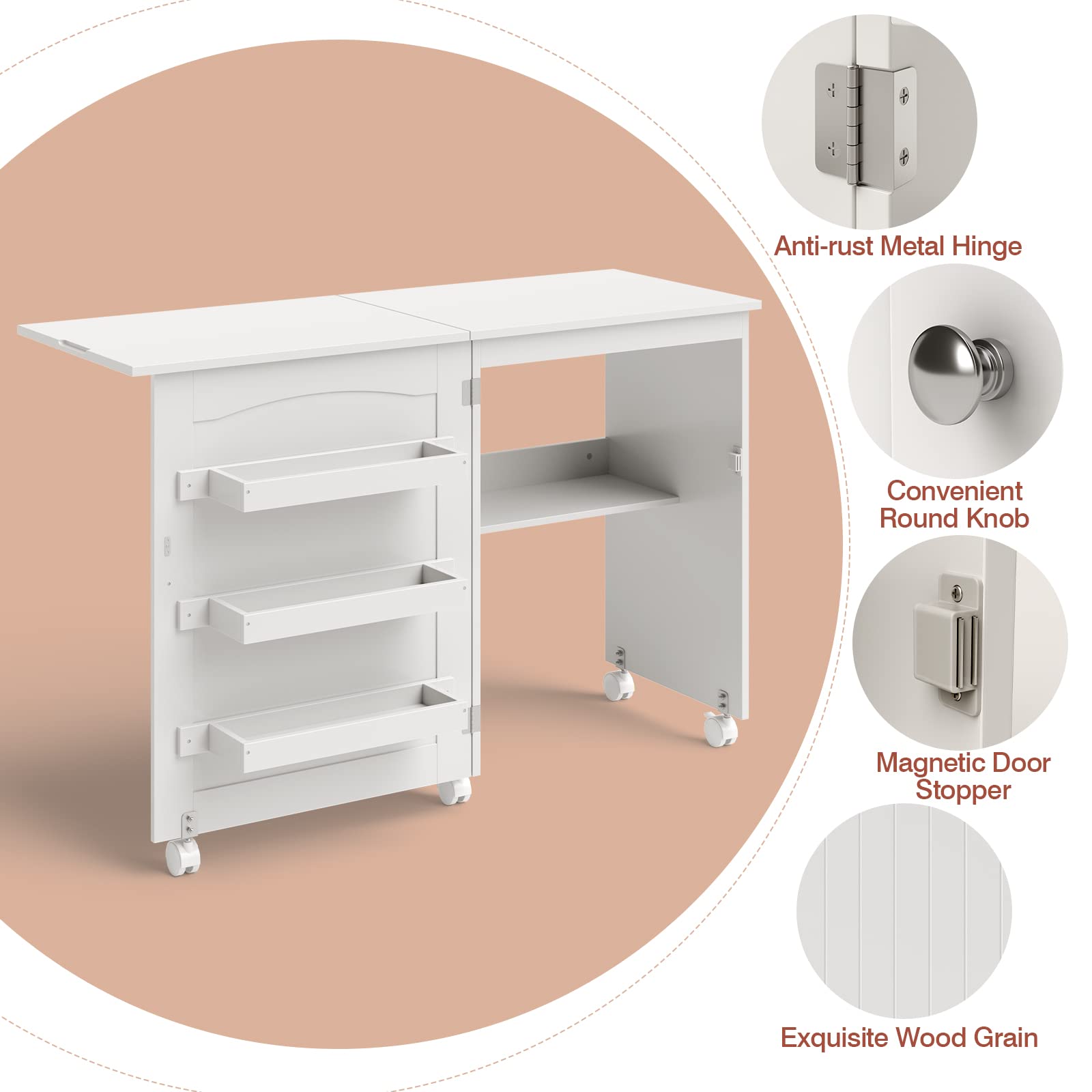 Giantex Folding Sewing Craft Table, Sewing Cabinet with 3 Storage Bins and Shelf, Rolling Craft Station Sewing Machine Work Desk with Lockable Wheels for Apartment Small Spaces, White