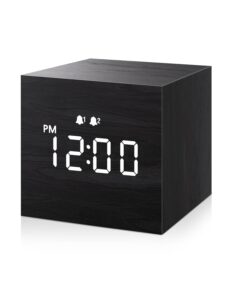 jall digital alarm clock, with wooden electronic led time display, dual alarm, 2.5-inch cubic small mini wood made electric clocks for bedroom, bedside, desk, black