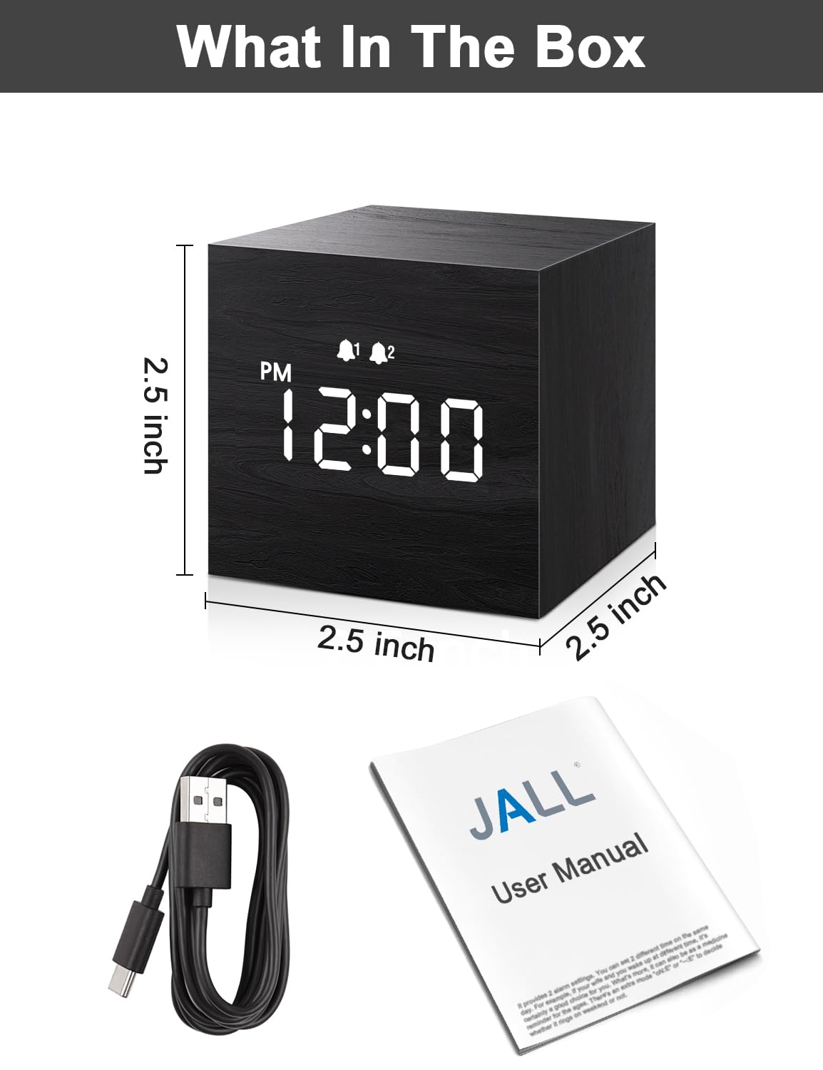 JALL Digital Alarm Clock, with Wooden Electronic LED Time Display, Dual Alarm, 2.5-inch Cubic Small Mini Wood Made Electric Clocks for Bedroom, Bedside, Desk, Black