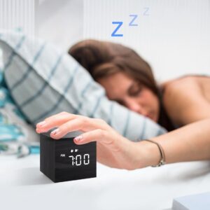 JALL Digital Alarm Clock, with Wooden Electronic LED Time Display, Dual Alarm, 2.5-inch Cubic Small Mini Wood Made Electric Clocks for Bedroom, Bedside, Desk, Black