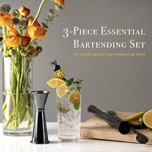 Homestia Stainless Steel Muddler for Cocktails - 10" Drink Muddler, 12" Bar Spoon Cocktail Spoon, 1&2oz Measuring Jigger, 3 PCS Home Bar Tool Set, Black Cocktail Gift for Mojitos Drinks