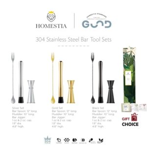 Homestia Stainless Steel Muddler for Cocktails - 10" Drink Muddler, 12" Bar Spoon Cocktail Spoon, 1&2oz Measuring Jigger, 3 PCS Home Bar Tool Set, Black Cocktail Gift for Mojitos Drinks