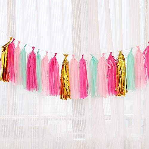 20pcs Tassel Garland Party Decor，Tassel Banner Tissue Paper DIY Decorations for Wedding Baby Shower Birthday Event Party Garland Decor (Gold Mint Rose Red Pink)