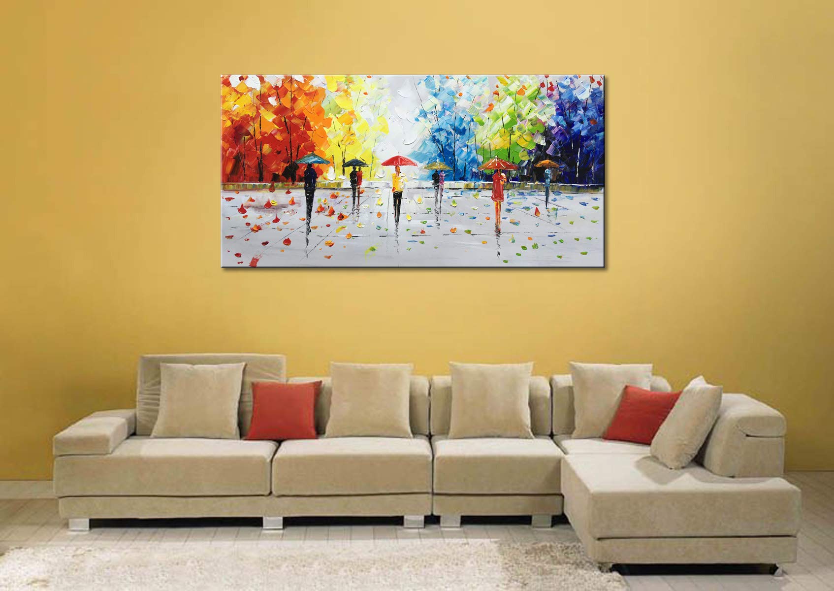 100% Hand-painted Abstract Landscape Wall Art People Walking Modern Oil Painting