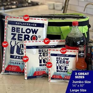 Below Zero Jumbo Reusable Ice Packs for Large Coolers and Lunch Bags – Patent Pending - Colder and Longer Lasting Technology, Up to 48 Hour Cooling Ice Gel Pack. Add Water and Freeze - 4PK XL 14”x10”