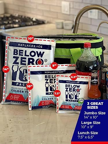 Below Zero Jumbo Reusable Ice Packs for Large Coolers and Lunch Bags – Patent Pending - Colder and Longer Lasting Technology, Up to 48 Hour Cooling Ice Gel Pack. Add Water and Freeze - 4PK XL 14”x10”