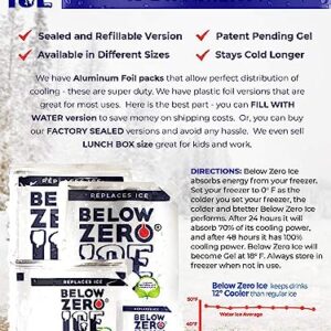 Below Zero Jumbo Reusable Ice Packs for Large Coolers and Lunch Bags – Patent Pending - Colder and Longer Lasting Technology, Up to 48 Hour Cooling Ice Gel Pack. Add Water and Freeze - 4PK XL 14”x10”