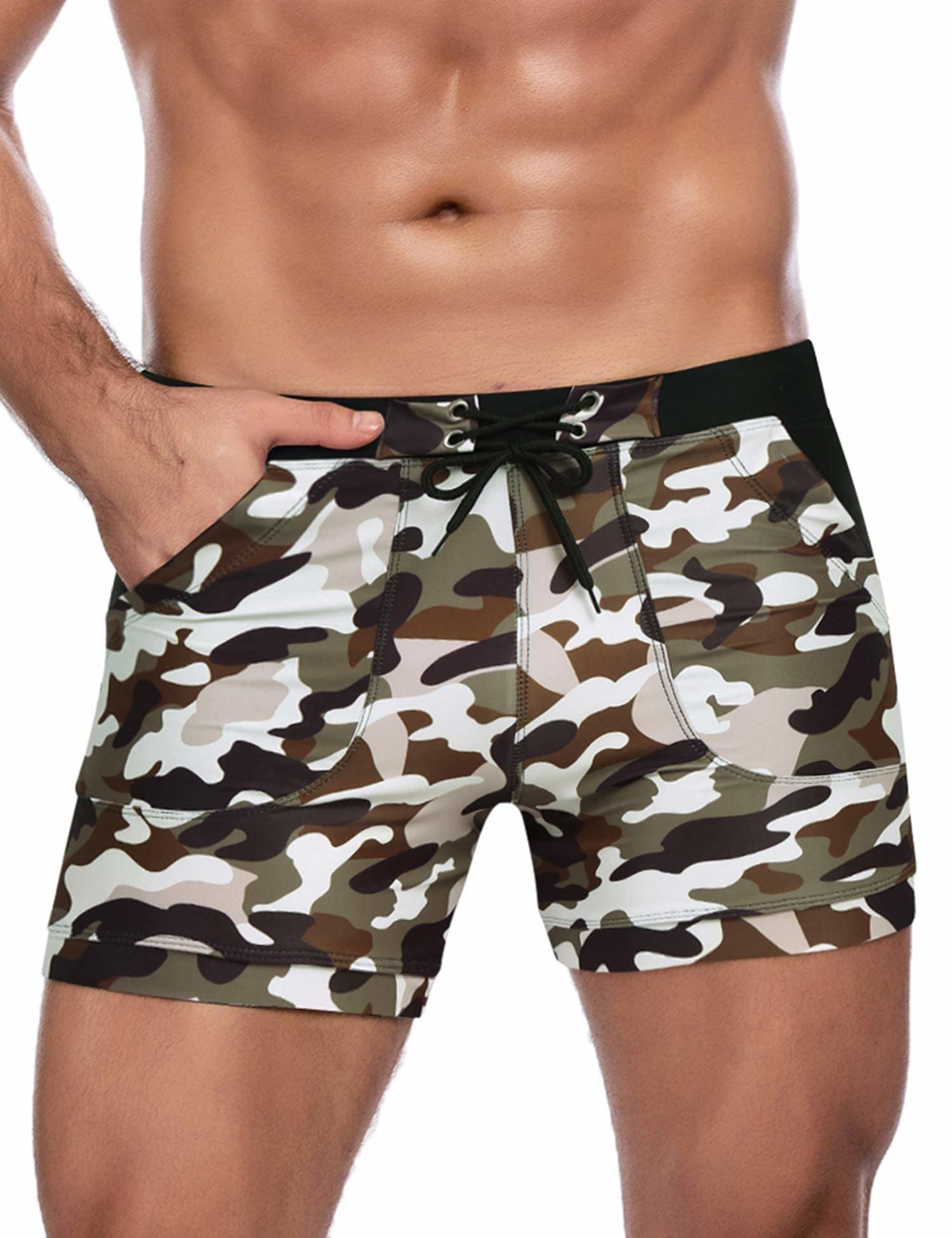 COOFANDY Mens Camo Quick Dry Swimwear Shorts with Pockets, Large, Brief - Army Green