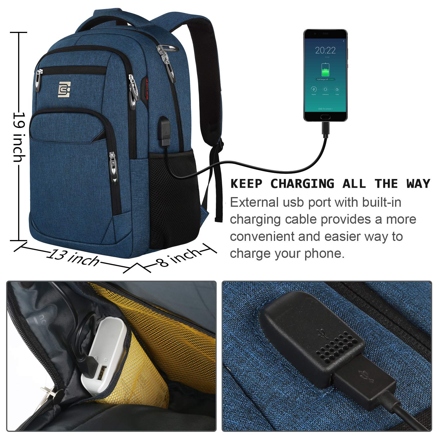 Laptop Backpack,Business Travel Anti Theft Slim Durable Laptops Backpack with USB Charging Port,Water Resistant College Computer Bag for Women & Men Fits 15.6 Inch Laptop and Notebook - Blue