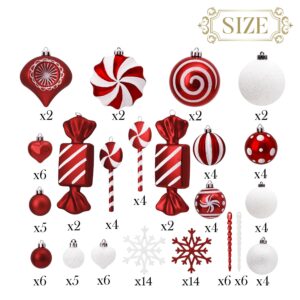 Valery Madelyn Christmas Ornaments Set, 108ct Candy Cane Red and White Shatterproof Christmas Tree Decorations Ball Ornaments Bulk, Decorative Hanging Ornaments for Xmas Trees Holiday Party Decor