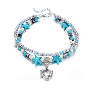 Softones Blue Starfish Turtle Anklet Multilayer Charm Beads Sea Handmade Boho Anklet Foot Jewelry for Women