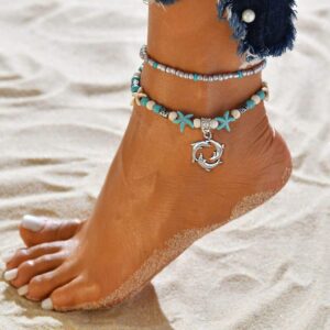 Softones Blue Starfish Turtle Anklet Multilayer Charm Beads Sea Handmade Boho Anklet Foot Jewelry for Women