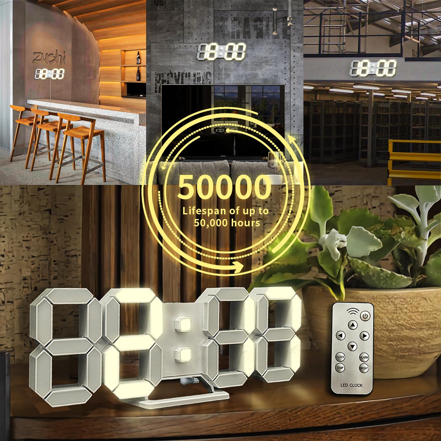 COVERY Digital Wall 3D Clock, Led Desk Clocks, 10 '' Large Number for Bedroom, Living Room, Home and Office - Alarm, Snooze, Temperature, Remote, Nightlight, Auto Light Brightness