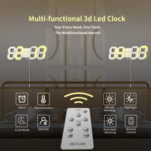 COVERY Digital Wall 3D Clock, Led Desk Clocks, 10 '' Large Number for Bedroom, Living Room, Home and Office - Alarm, Snooze, Temperature, Remote, Nightlight, Auto Light Brightness