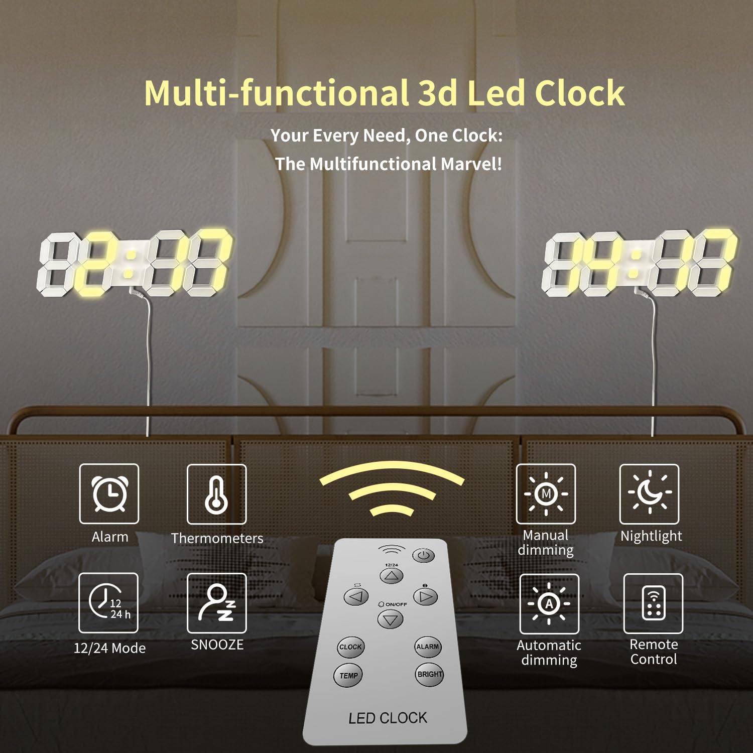 COVERY Digital Wall 3D Clock, Led Desk Clocks, 10 '' Large Number for Bedroom, Living Room, Home and Office - Alarm, Snooze, Temperature, Remote, Nightlight, Auto Light Brightness