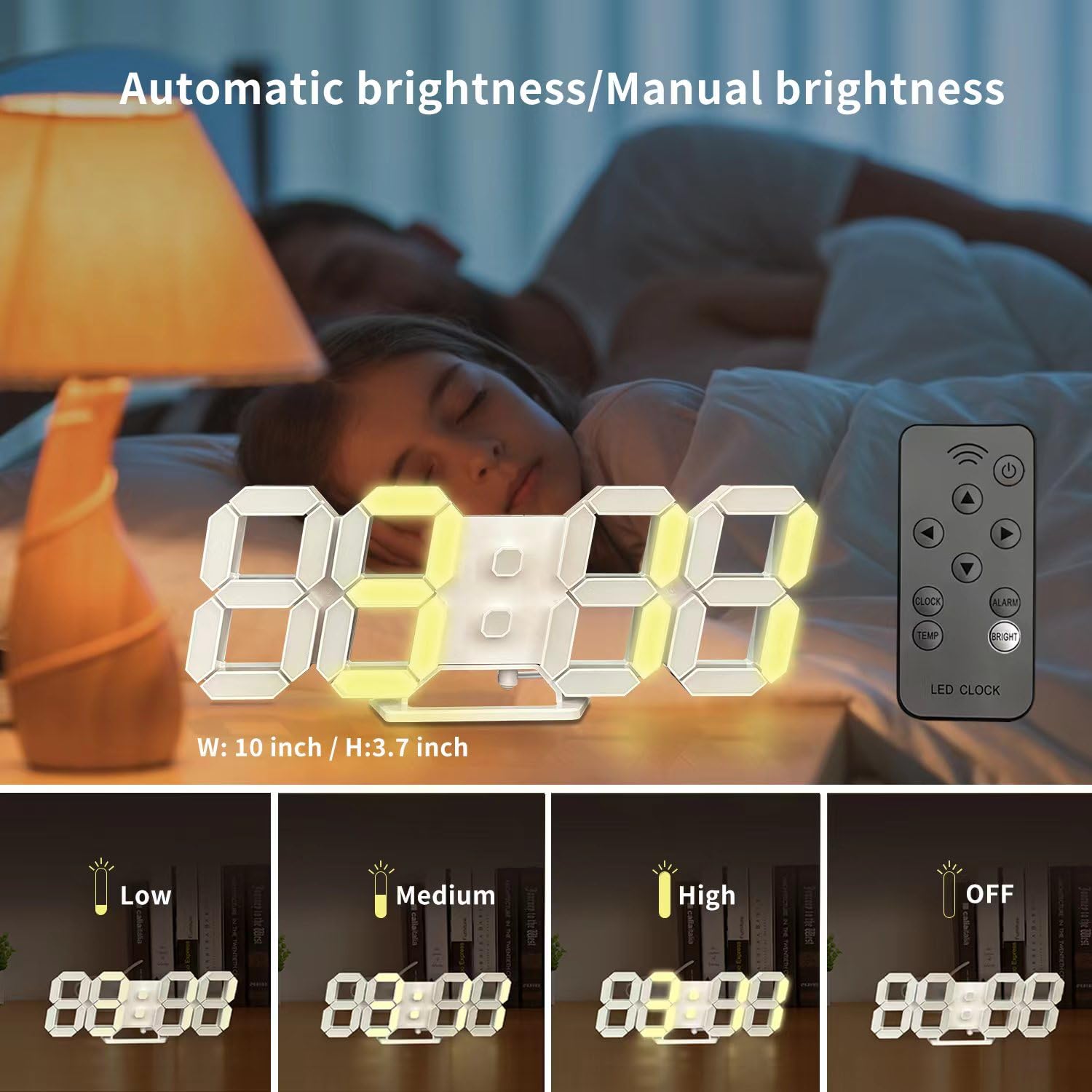 COVERY Digital Wall 3D Clock, Led Desk Clocks, 10 '' Large Number for Bedroom, Living Room, Home and Office - Alarm, Snooze, Temperature, Remote, Nightlight, Auto Light Brightness