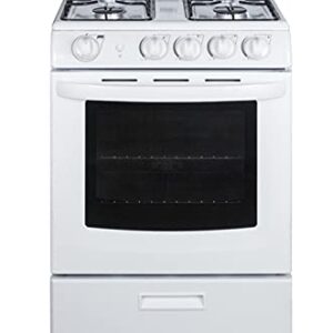 Summit RG244WS 24"" Freestanding Gas Range with 2.9 cu. ft. Oven Capacity Electronic Ignition High Backguard Broiler Drawer Continuous Grates and Safety Brake System for Oven Racks in White