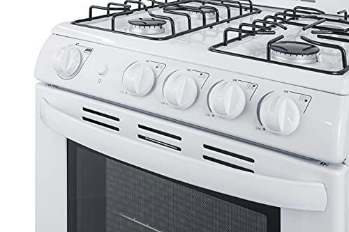 Summit RG244WS 24"" Freestanding Gas Range with 2.9 cu. ft. Oven Capacity Electronic Ignition High Backguard Broiler Drawer Continuous Grates and Safety Brake System for Oven Racks in White