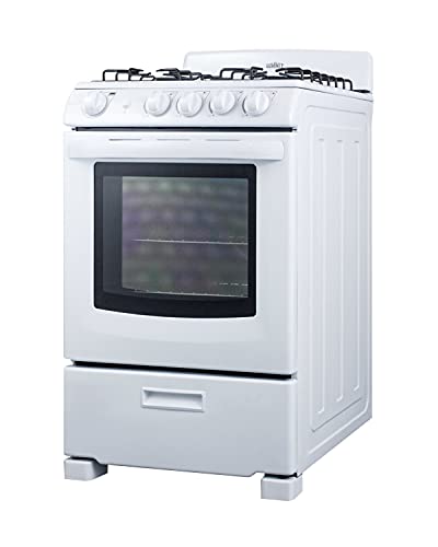 Summit RG244WS 24"" Freestanding Gas Range with 2.9 cu. ft. Oven Capacity Electronic Ignition High Backguard Broiler Drawer Continuous Grates and Safety Brake System for Oven Racks in White