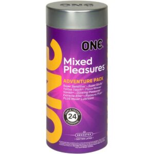 ONE Mixed Pleasures with Silver Lunamax Pocket Case, 5 Premium Styles of Lubricated Latex Condoms-24 Count