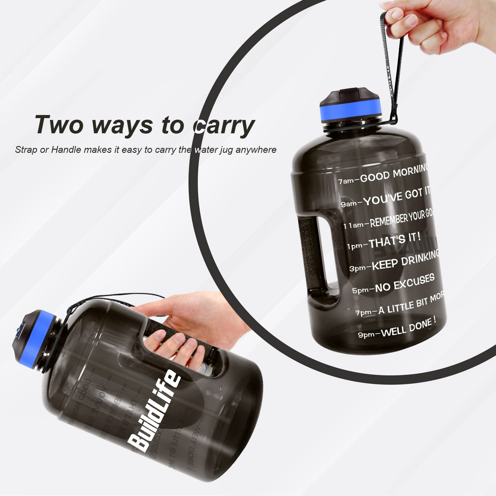 BuildLife 1 Gallon Water Bottle with Time Marker and Straw –Large Water Bottle- Motivational Water Bottles with Times to Drink, Leak Proof BPA Free(Black, 1 Gallon)