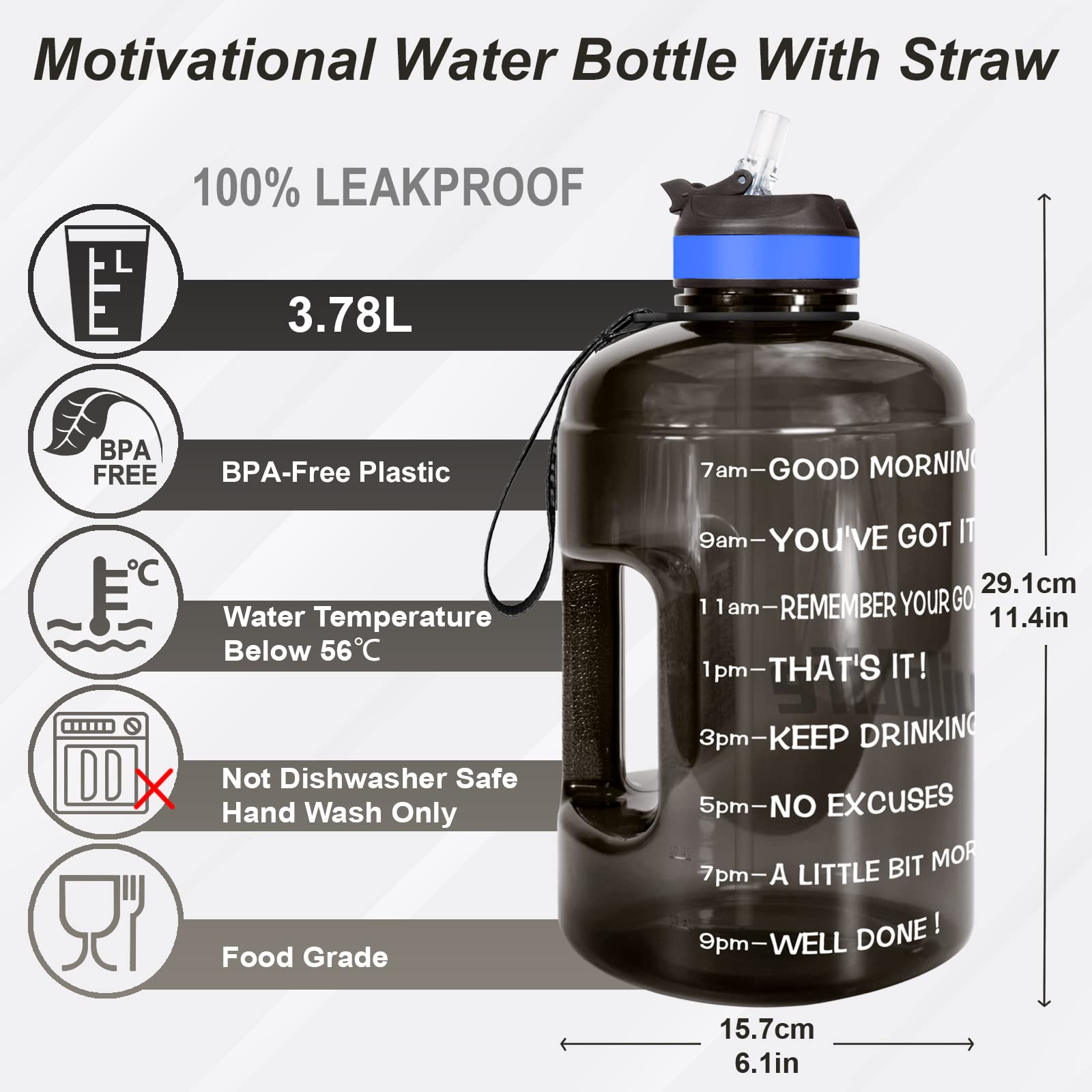 BuildLife 1 Gallon Water Bottle with Time Marker and Straw –Large Water Bottle- Motivational Water Bottles with Times to Drink, Leak Proof BPA Free(Black, 1 Gallon)