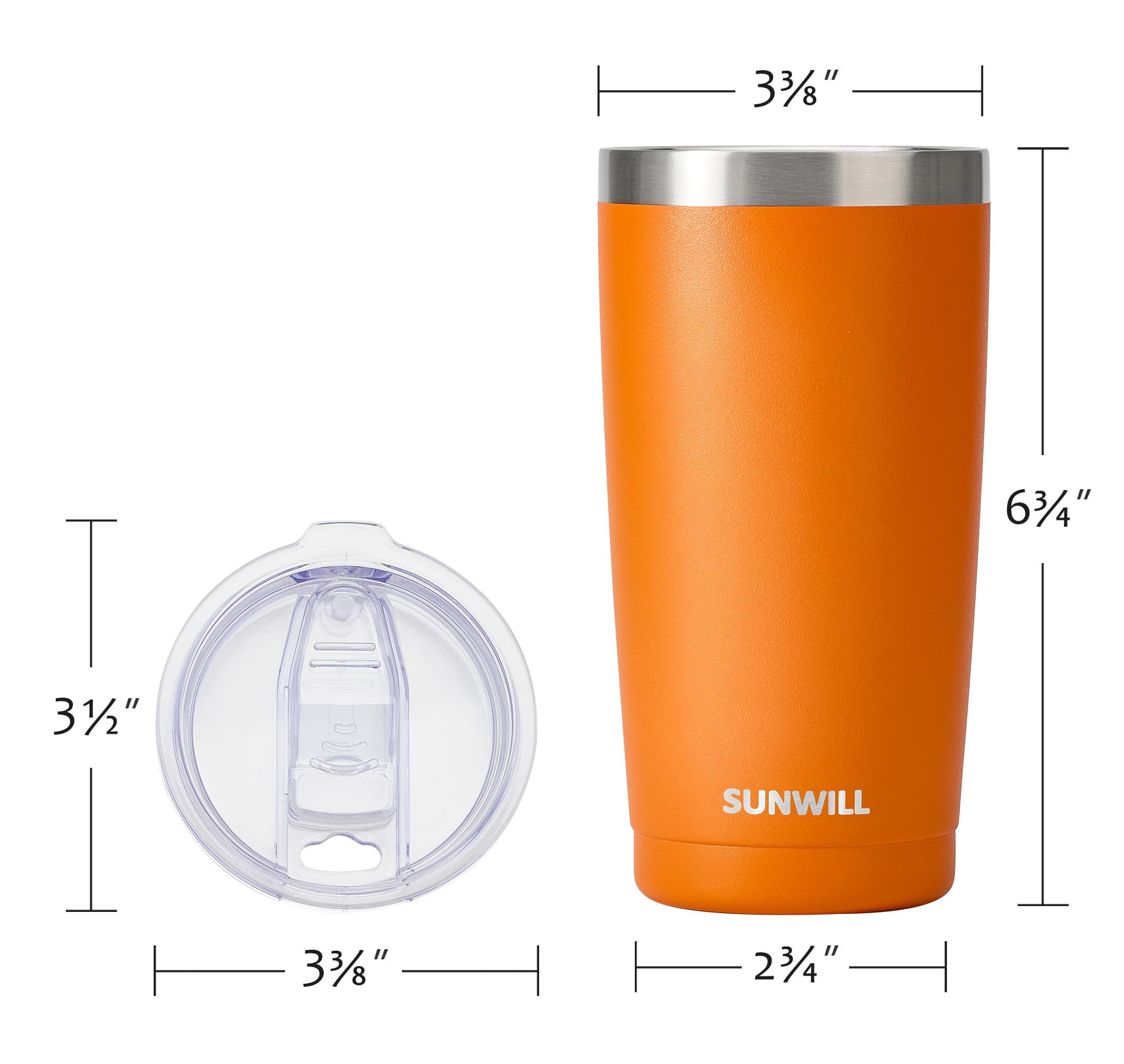 SUNWILL 20oz Tumbler with Lid, Stainless Steel Vacuum Insulated Double Wall Travel Tumbler, Durable Insulated Coffee Mug, Powder Coated Orange, Thermal Cup with Splash Proof Sliding Lid