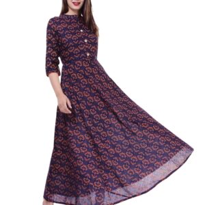 Ramkudi Indian Women's Printed Cotton Kurti Top (Blue-Brown)