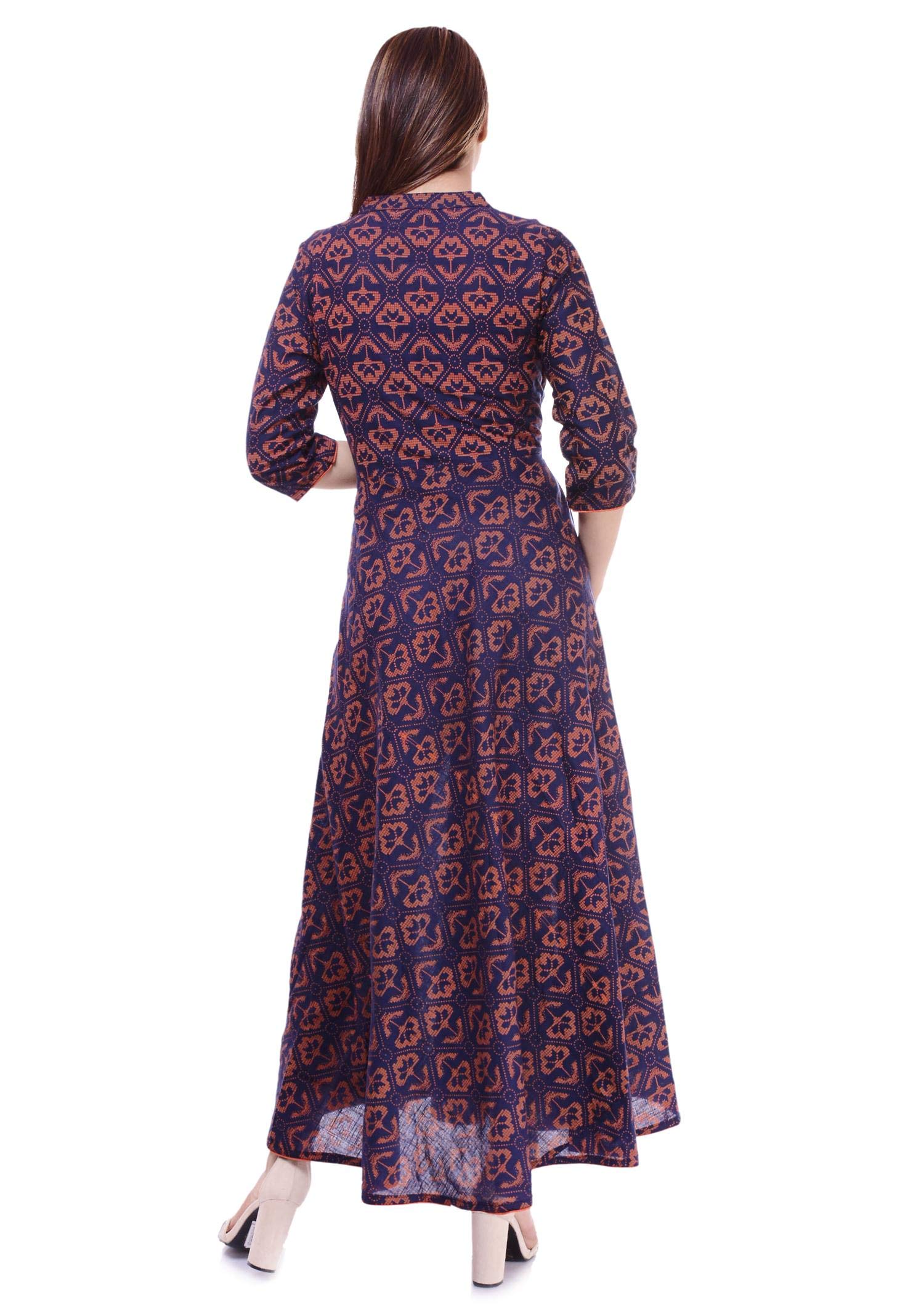 Ramkudi Indian Women's Printed Cotton Kurti Top (Blue-Brown)