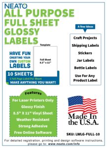 blank glossy label sheets (8.5" x 11") - weather resistant vinyl label stickers for laser printers - customizable labels for shipping, address, products, bottles, jars, packaging - pack of 10