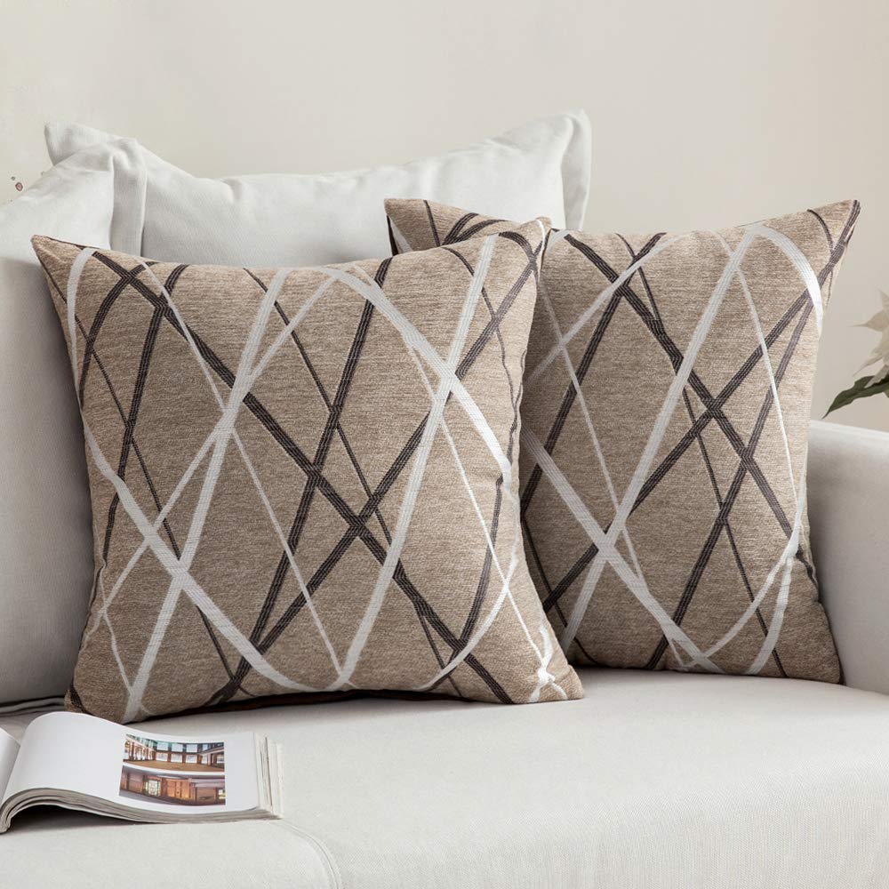 MIULEE Pack of 2 Decorative Throw Pillow Covers Woven Textured Chenille Cozy Modern Concise Soft Light Tan Square Cushion Shams for Bedroom Sofa Car 18 x 18 Inch