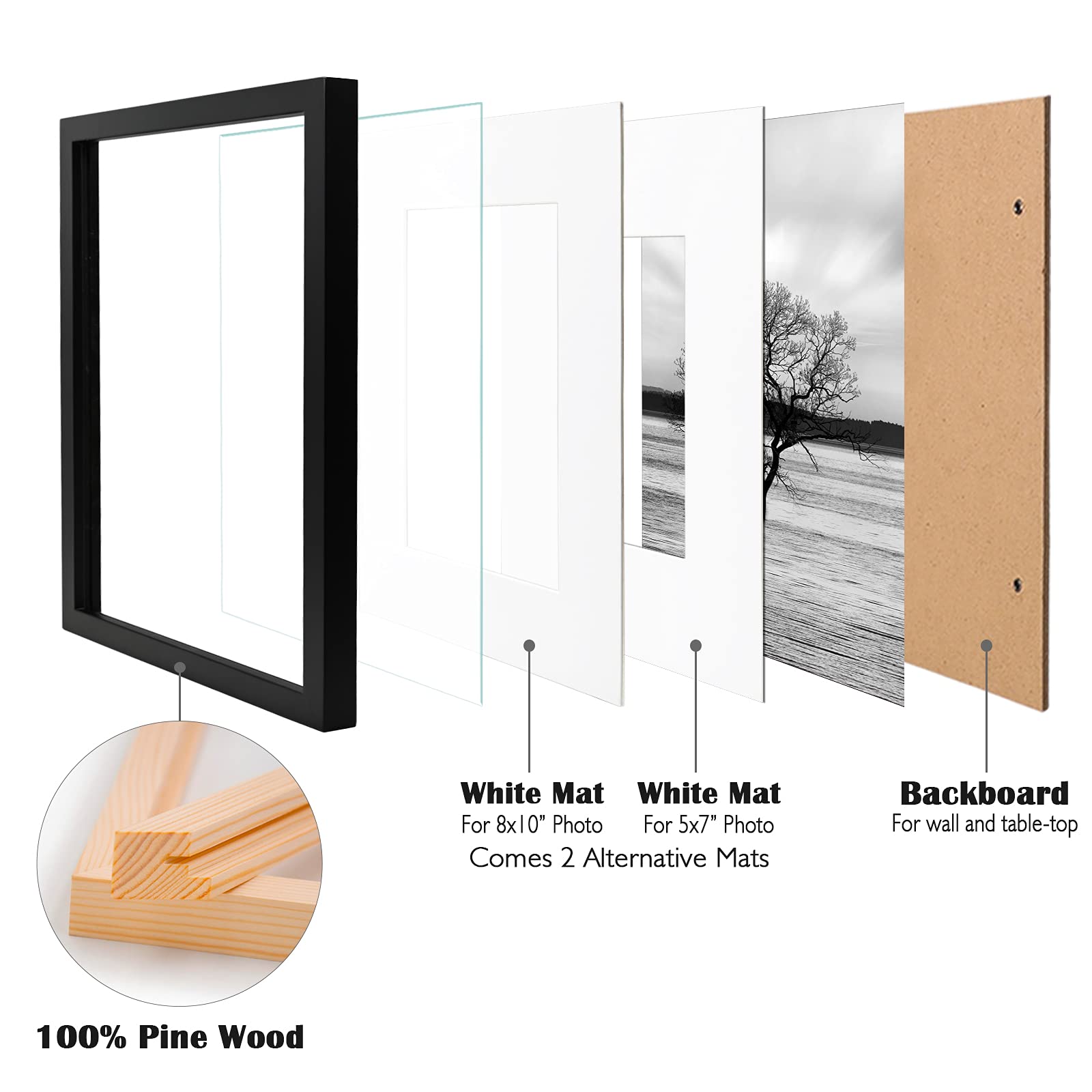 Egofine 11x14 Picture Frames Made of Solid Wood 4 PCS Black Covered by Plexiglass - for Table Top and Wall Mounting for Pictures 8x10 / 5x7 with Mat Horizontally or Vertically Display Photo Frame