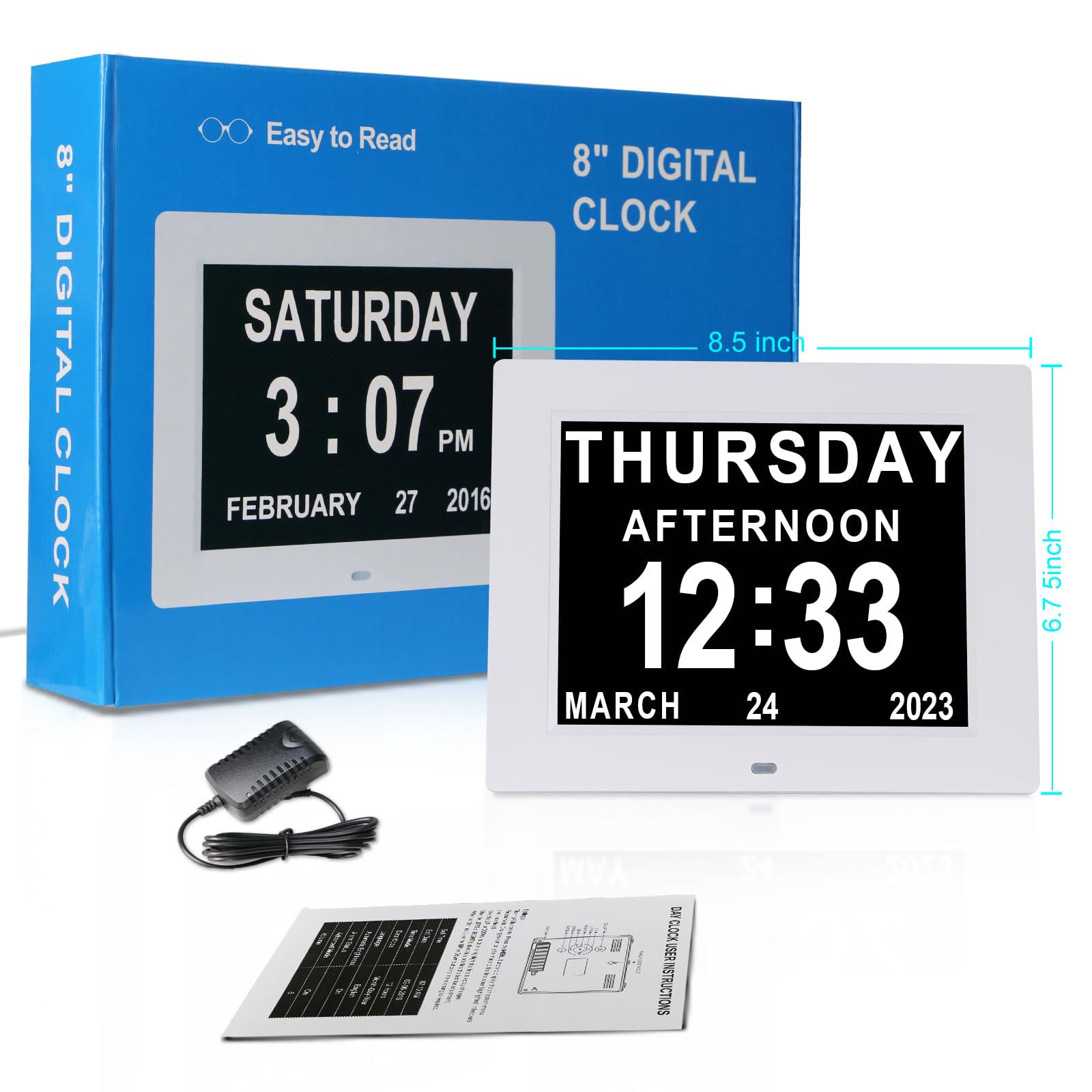 SSINI Dementia Clock Large Digital Calendar Clock for Seniors Clock with Date and Time for Elderly Digital Clock Large Display, with 12 Custom Alarms (8 inch)