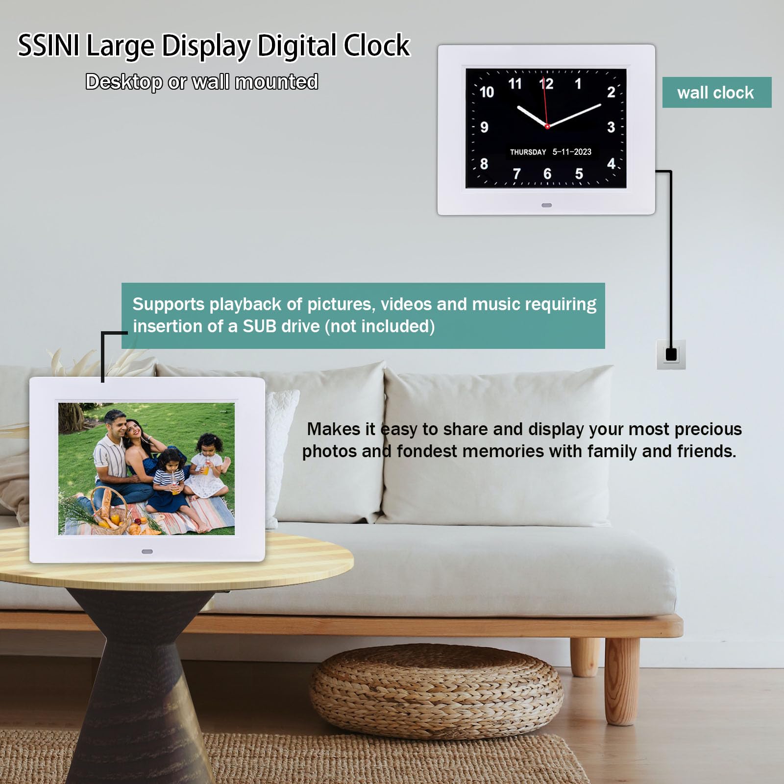 SSINI Dementia Clock Large Digital Calendar Clock for Seniors Clock with Date and Time for Elderly Digital Clock Large Display, with 12 Custom Alarms (8 inch)